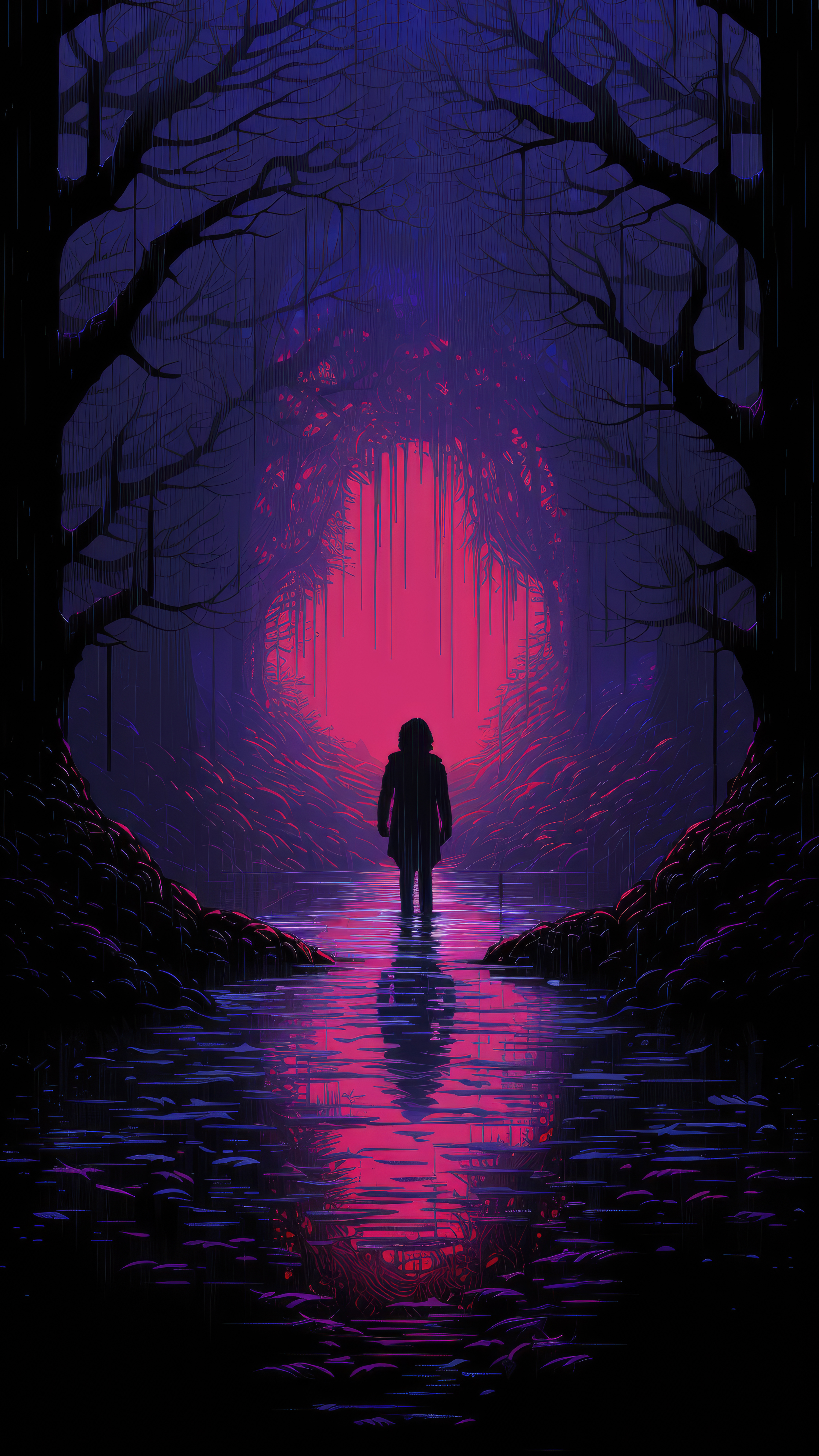 Neon Forest Silhouette Reflection - forest wallpaper for Darkify