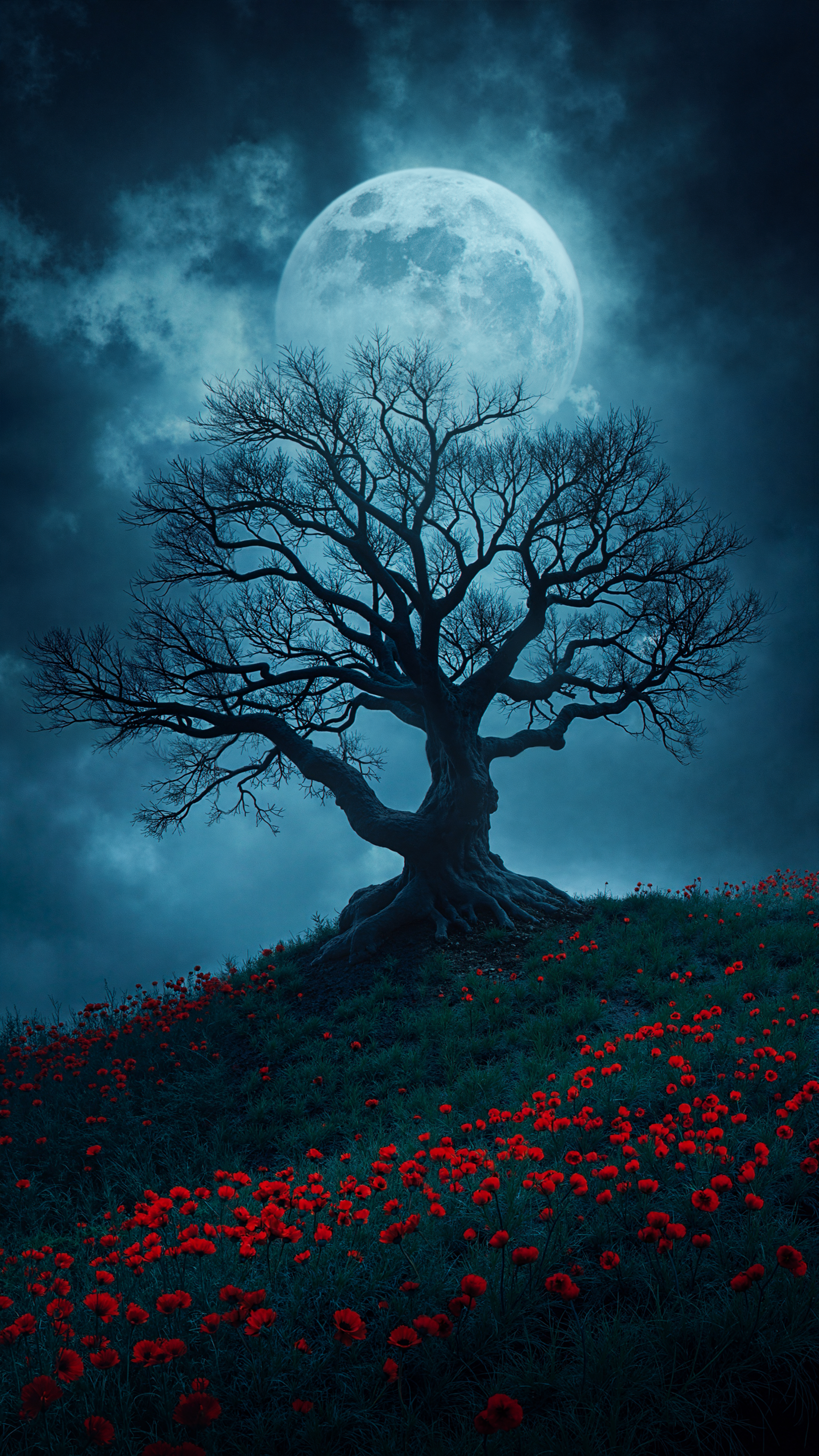 Moonlit Tree and Poppies - moon wallpaper for OpersCraft