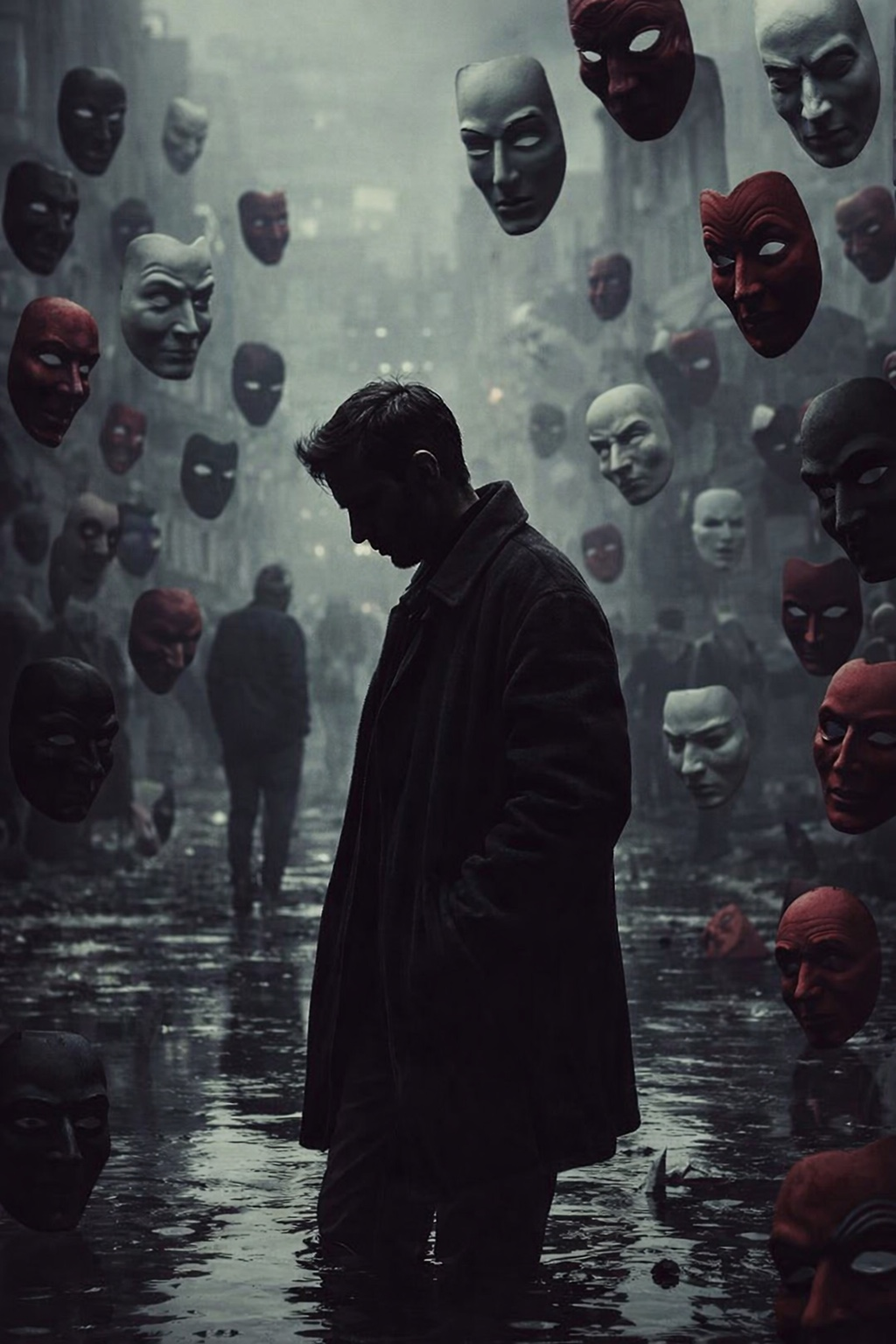 Man Among Floating Masks - mask wallpaper for OpersCraft