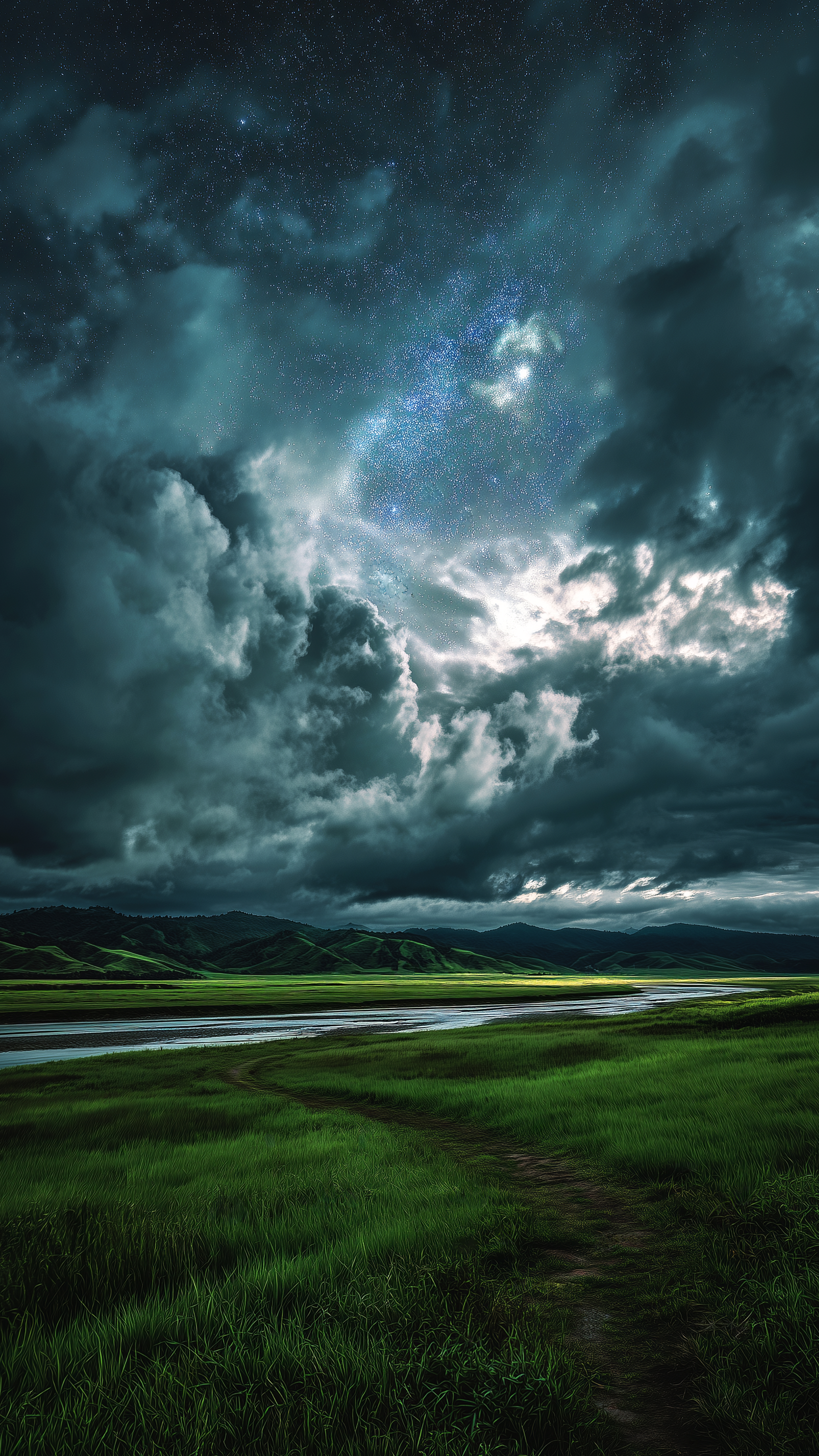 Starlit Meadow Night Landscape - nature wallpaper for OpersCraft