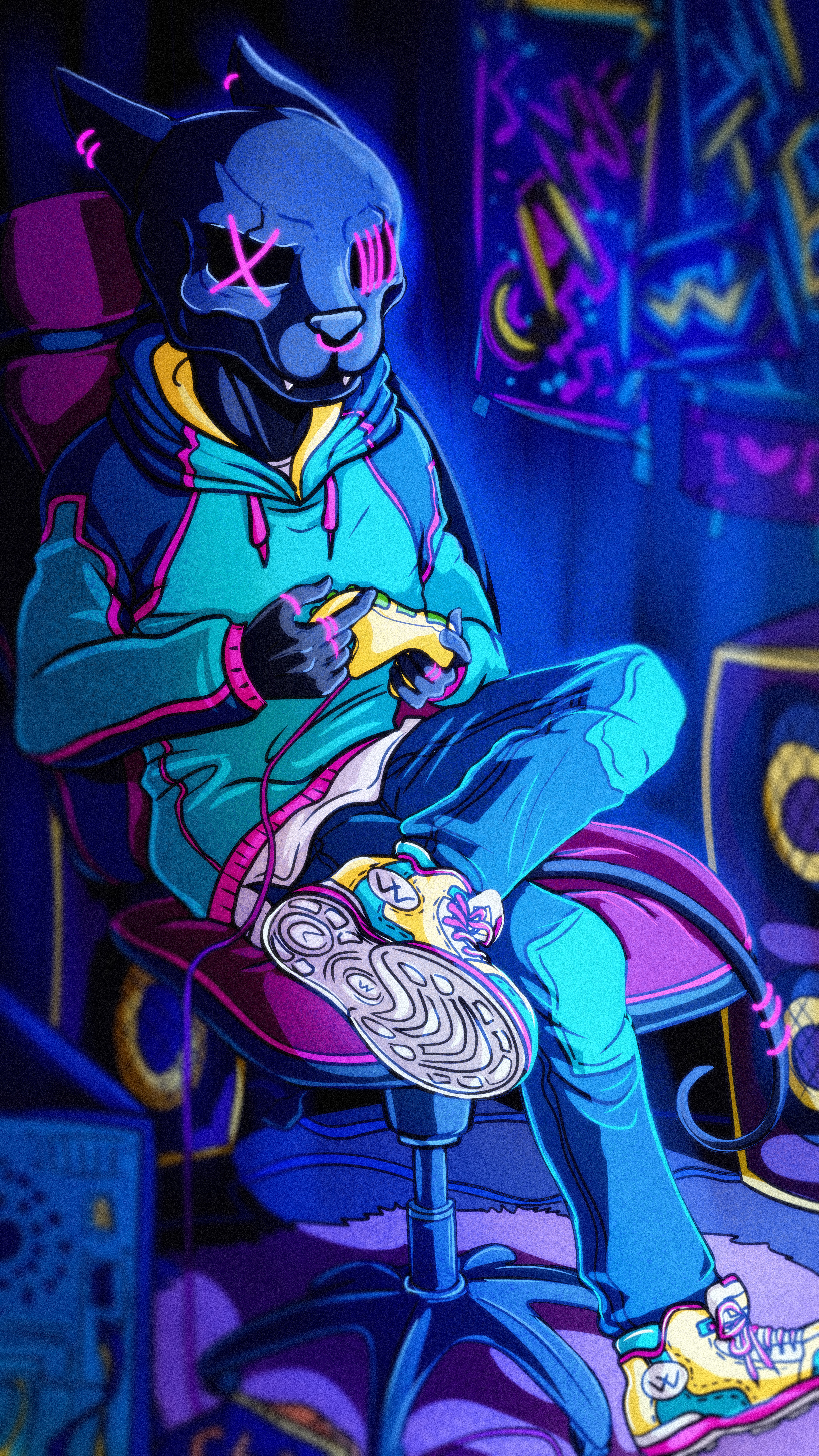 Neon Gamer Cat Illustration - gaming wallpaper for OpersCraft