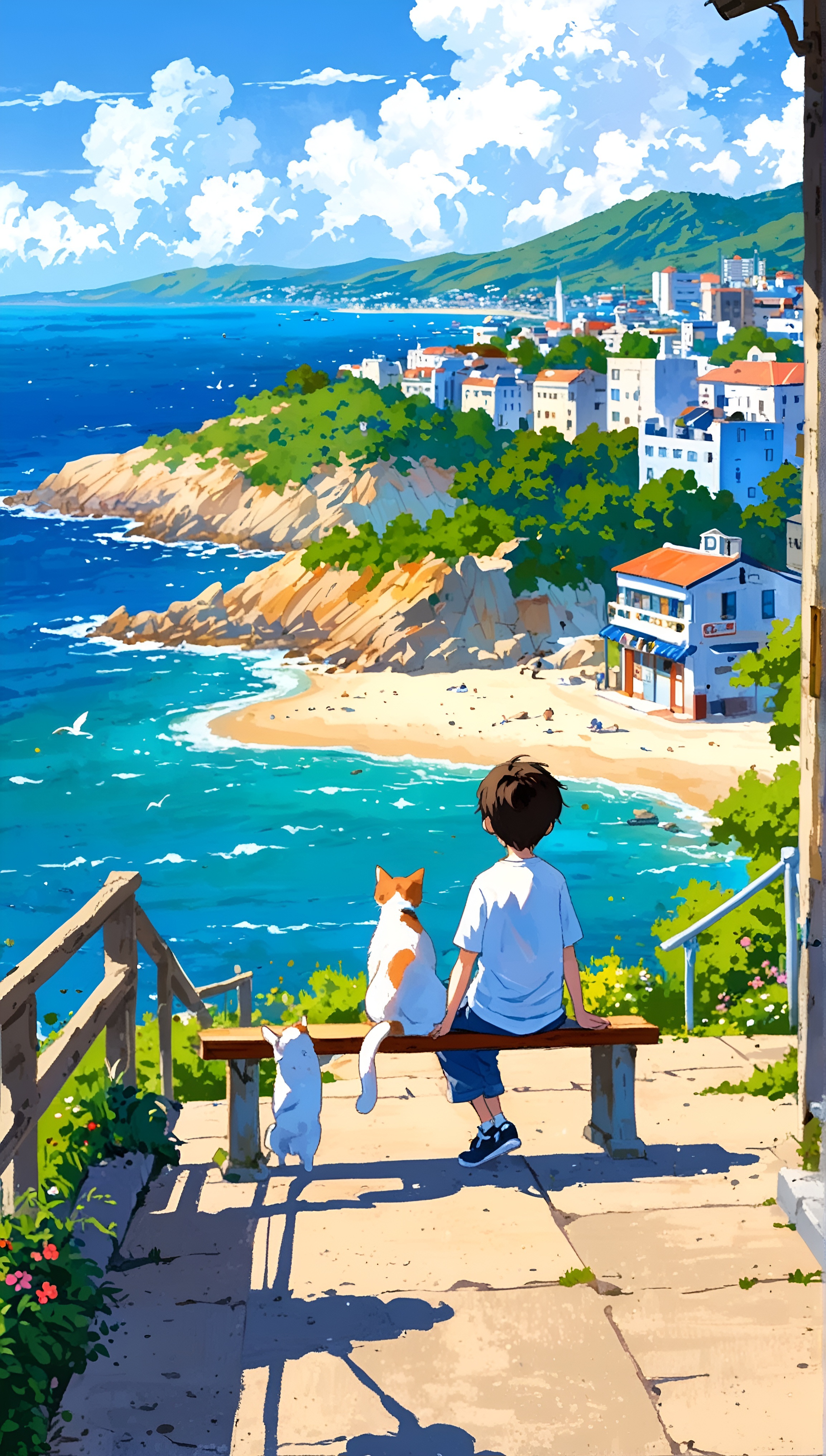 Boy and Cats Beach - anime wallpaper for OpersCraft
