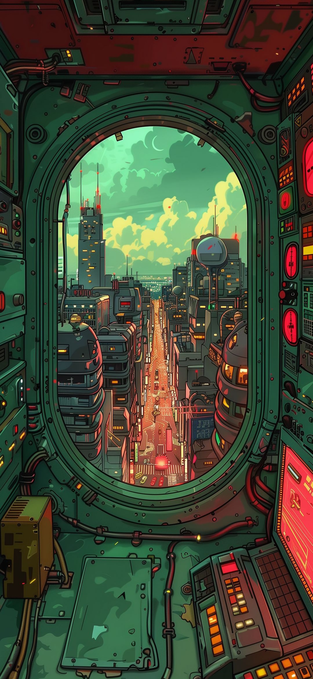 Cyberpunk City Through Porthole - art wallpaper for OpersCraft