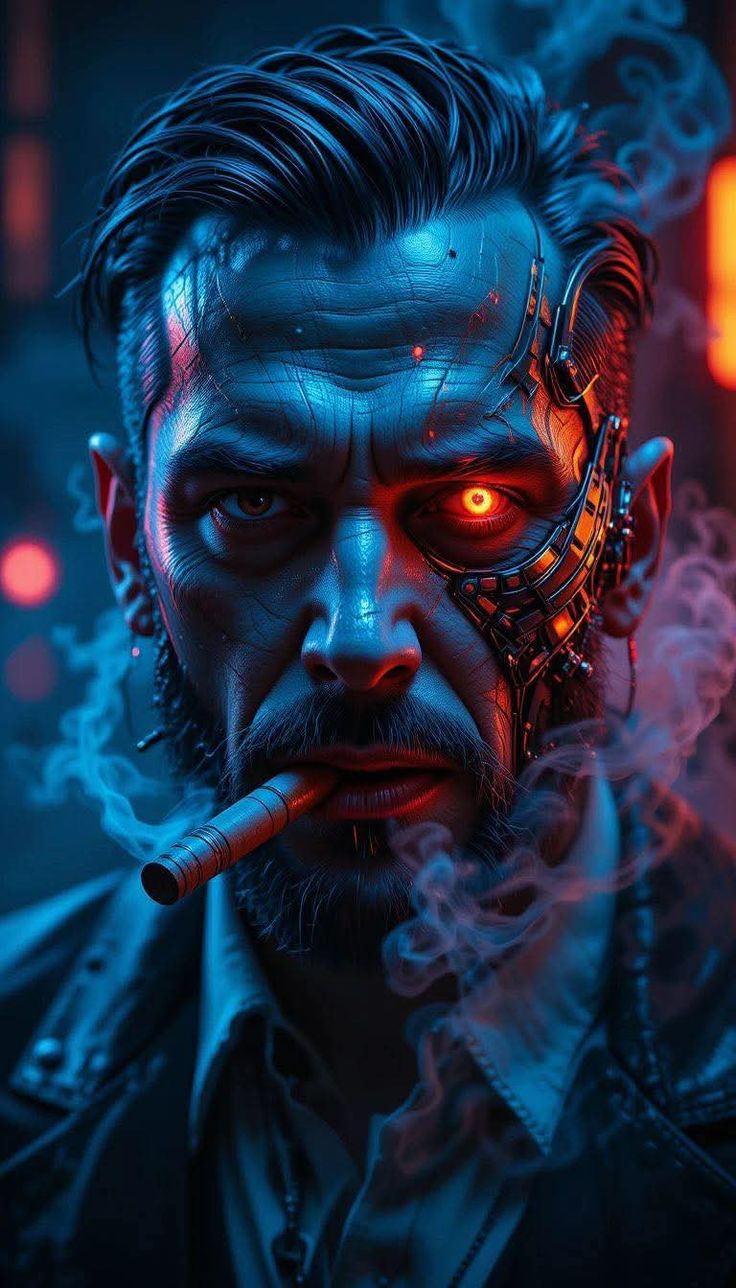 Cyberpunk Smoker with Glowing Eye - portrait wallpaper for OpersCraft