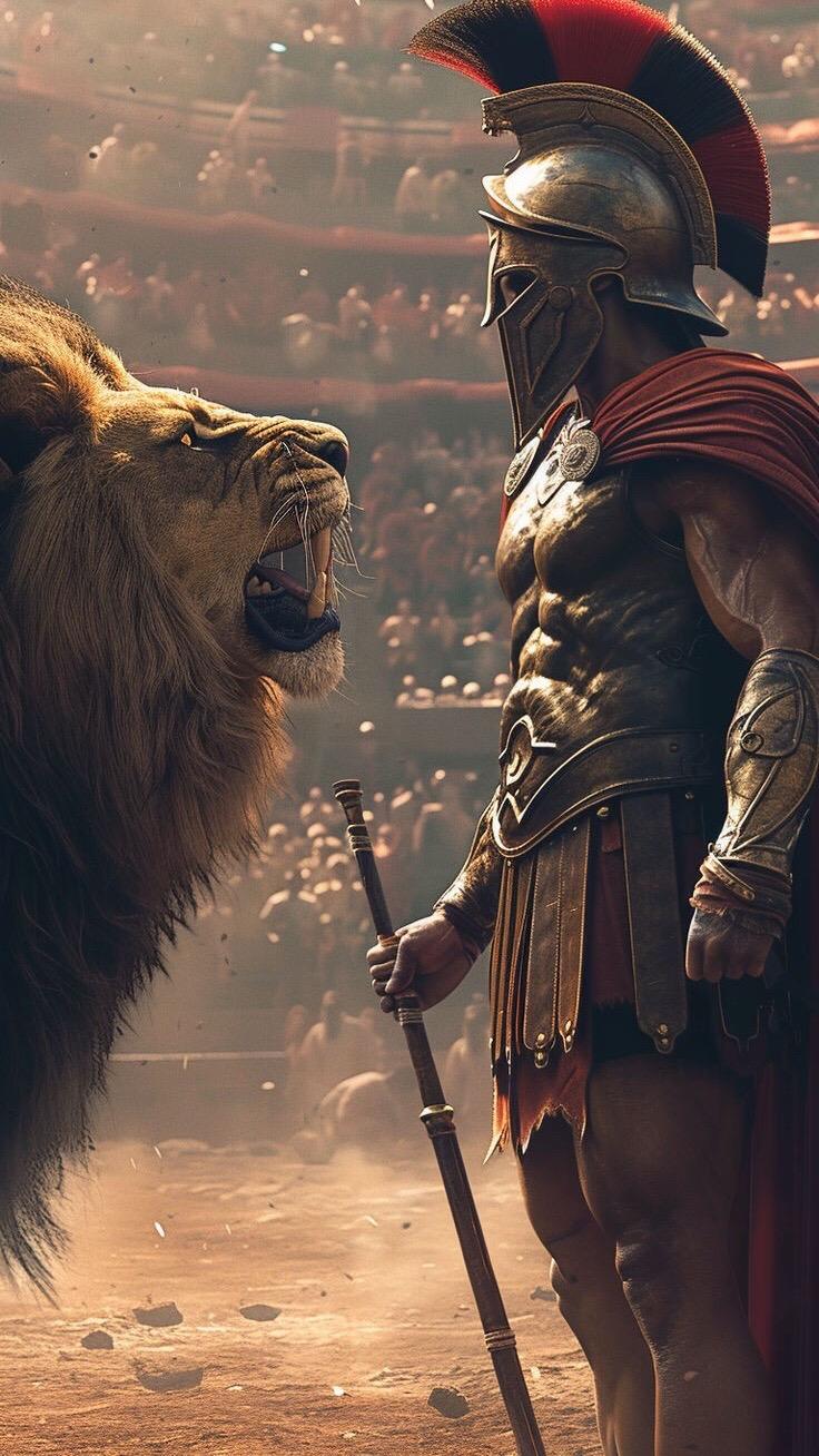Gladiator and Lion Staredown - warrior wallpaper for OpersCraft