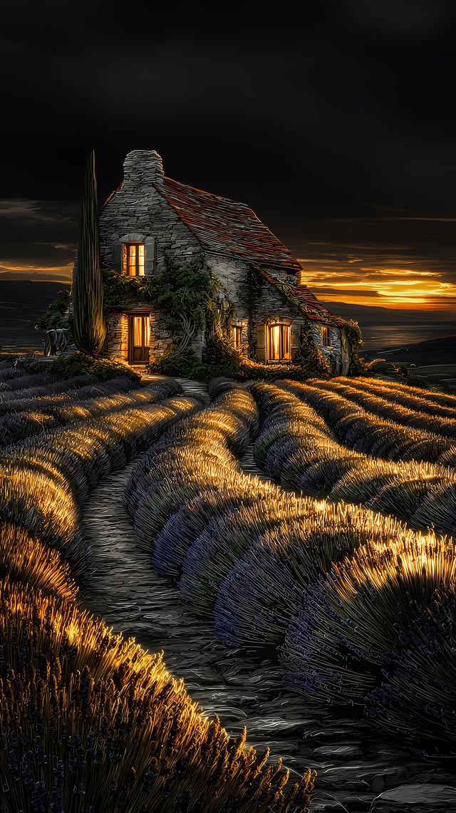 Lavender Field Cottage Sunset - landscape wallpaper for OpersCraft