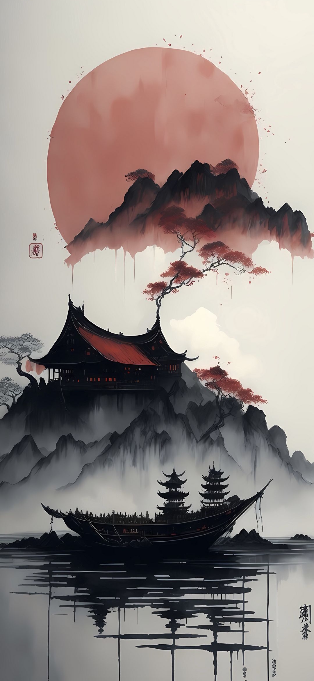 Misty Mountain Pagoda Boat - japan wallpaper for OpersCraft