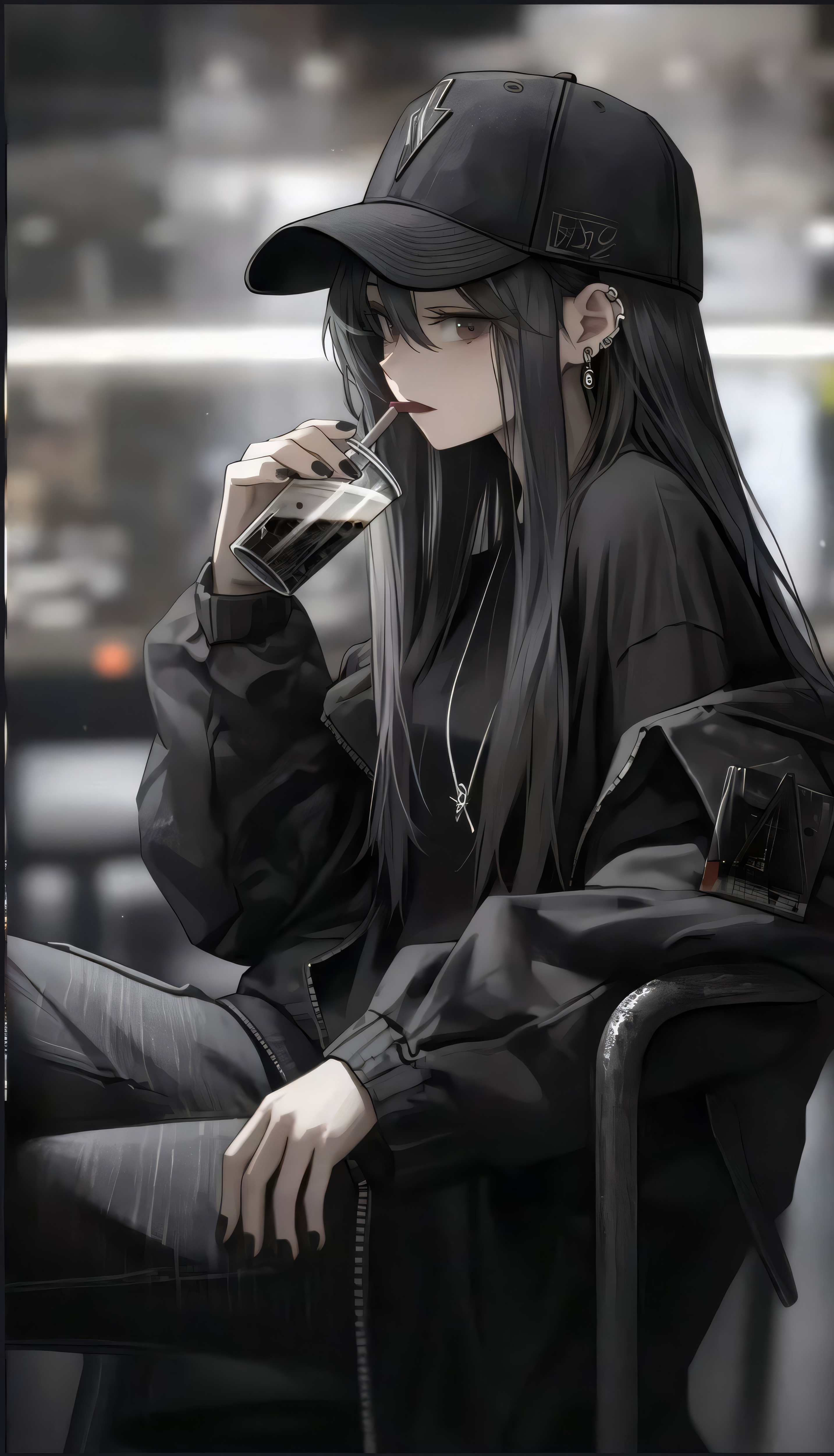 Monochrome Anime Girl Sipping - gothic wallpaper for OpersCraft