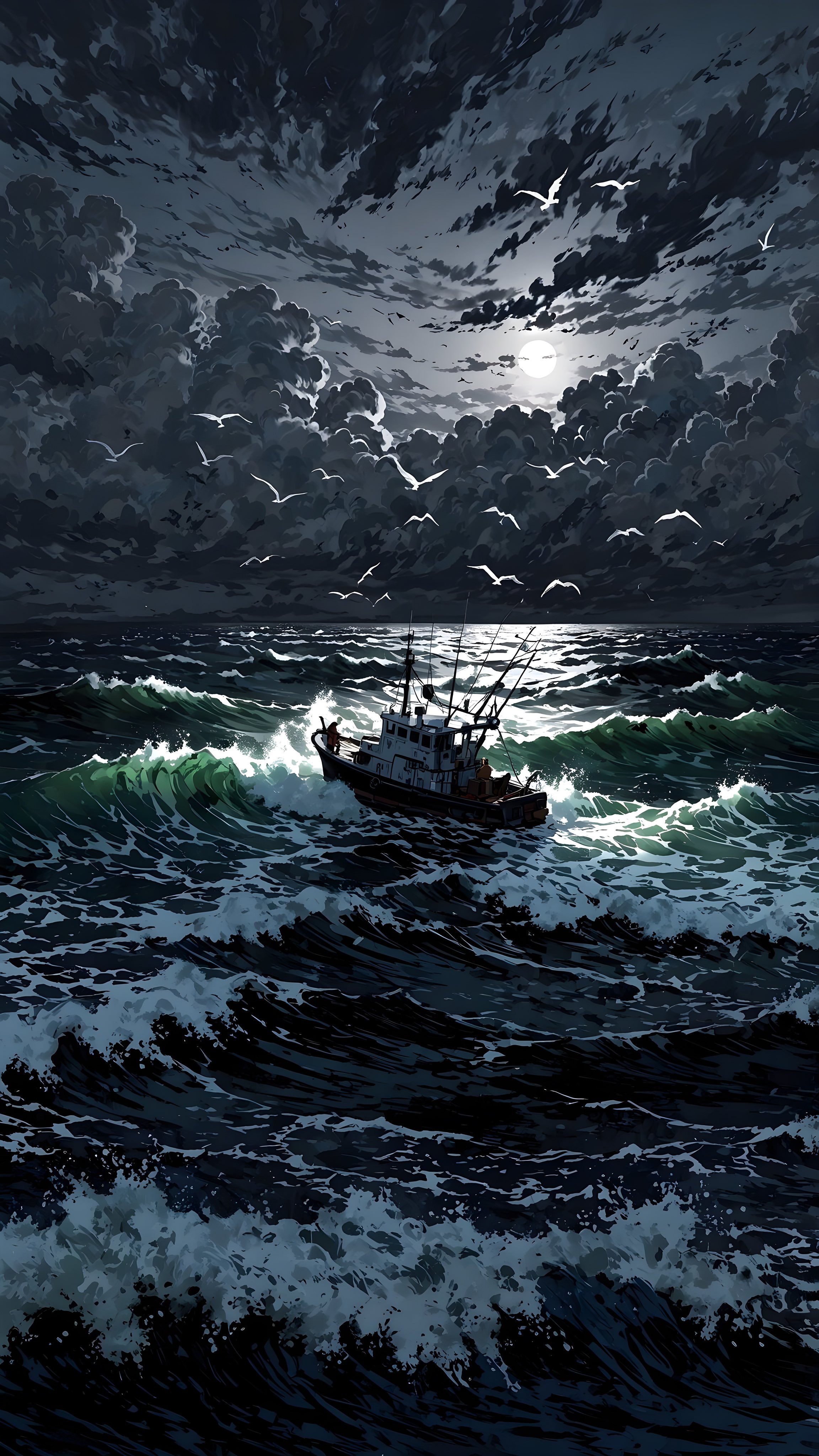 Moonlit Fishing Boat Voyage - ocean wallpaper for OpersCraft