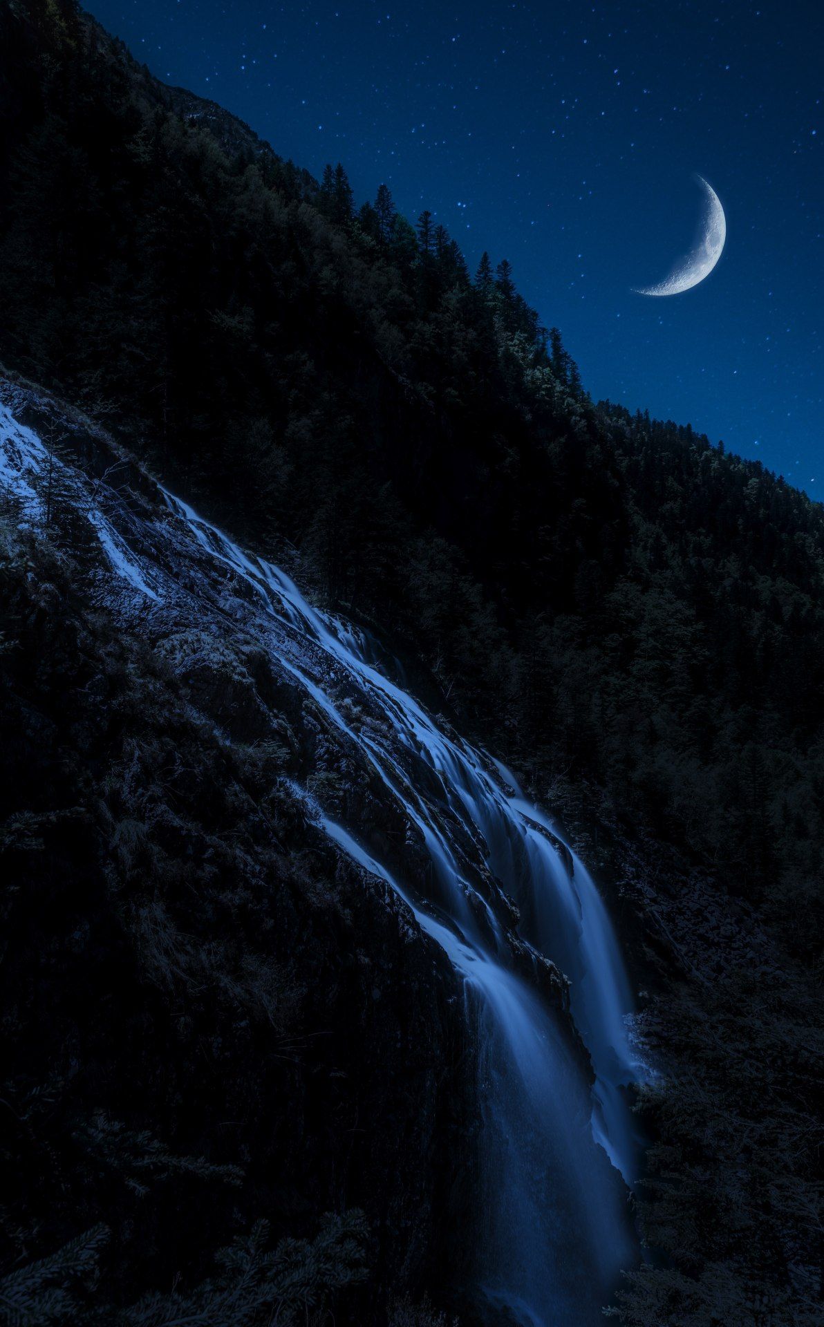 Moonlit Waterfall Nightscape - waterfall wallpaper for OpersCraft