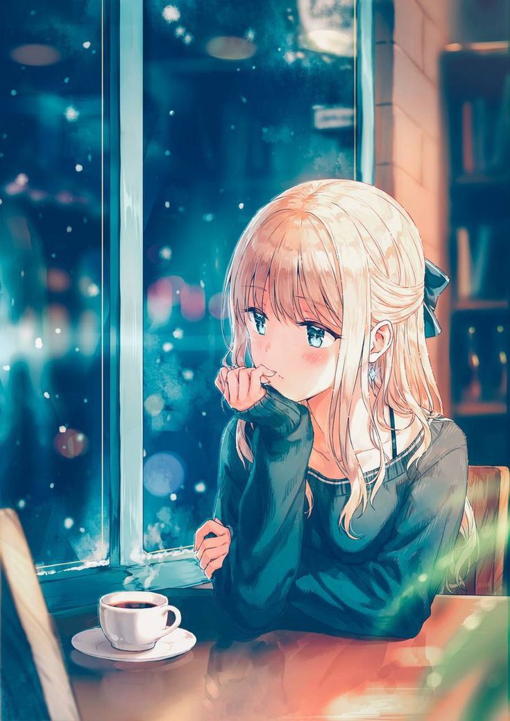Pensive Anime Girl Cafe - anime wallpaper for OpersCraft
