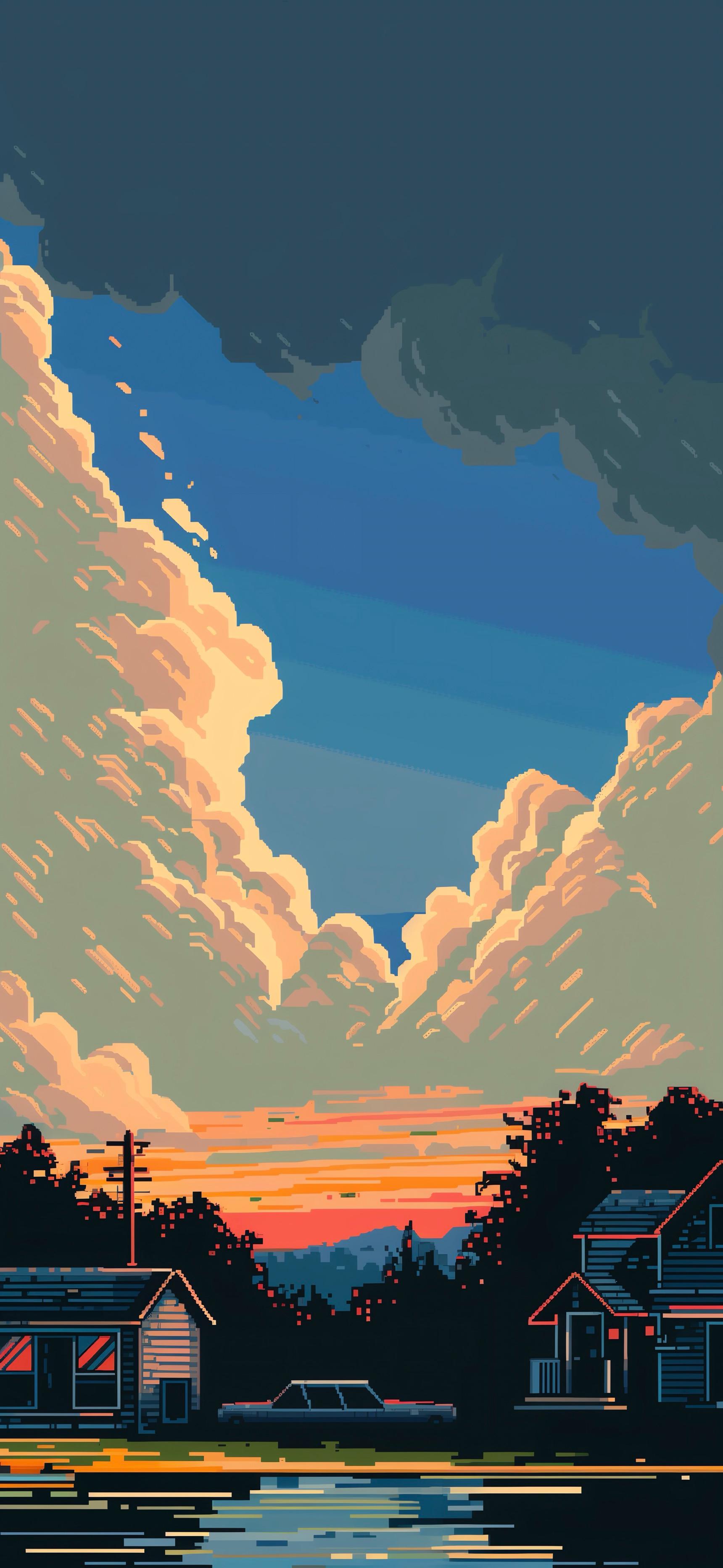 Pixelated Sunset Town - random wallpaper for OpersCraft