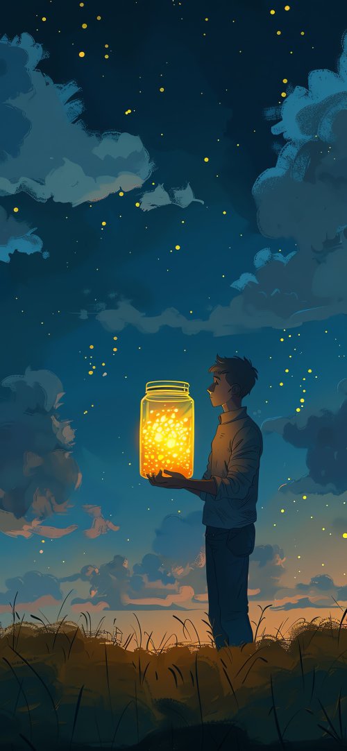 Boy Holding Fireflies Jar - illustration Wallpaper
