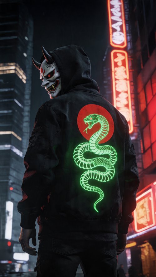Neon Oni Snake Warrior - cyberpunk Wallpaper