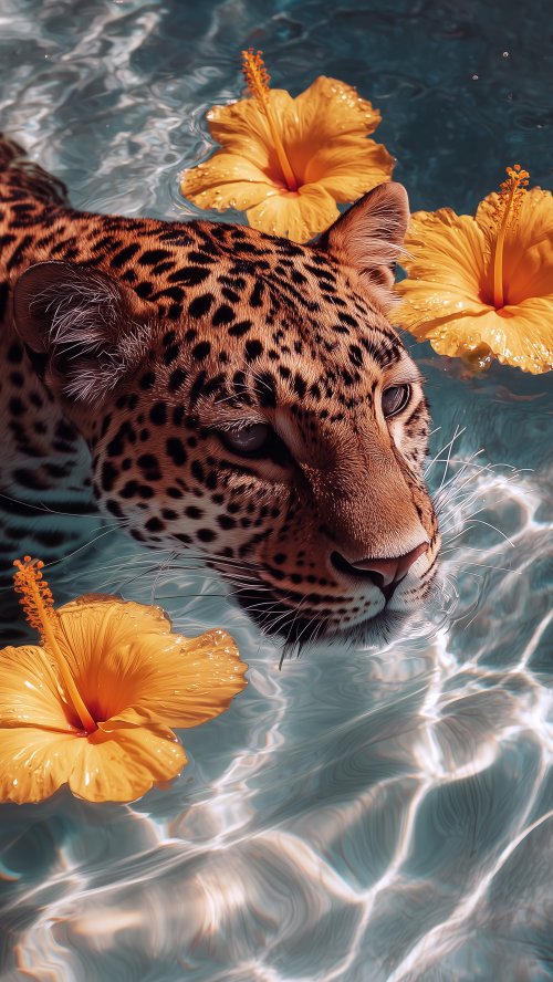 Leopard Swimming With Flowers - leopard Wallpaper