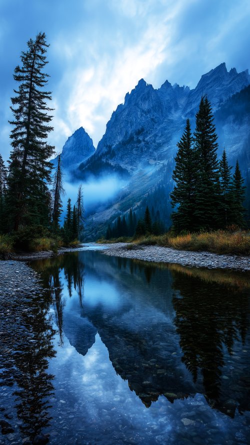 Misty Mountain River Reflection - nature Wallpaper