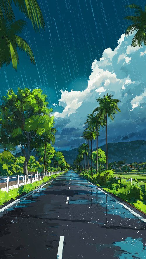 Rainy Tropical Road Landscape - Related OpersCraft wallpaper