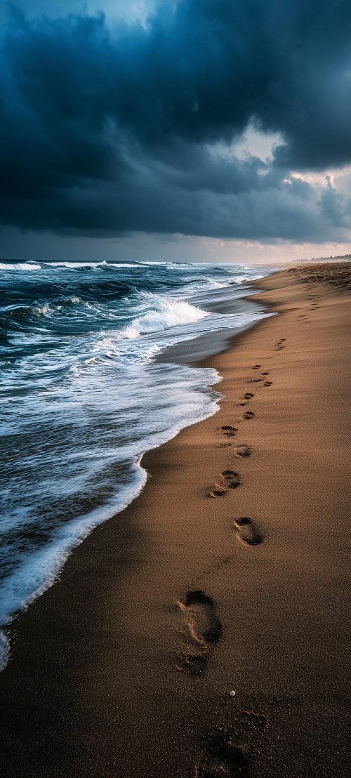 Footsteps on Stormy Beach - beach Wallpaper