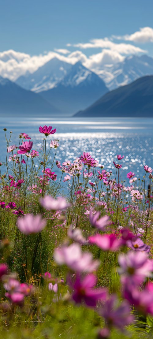 Pink Flowers Mountain Lake - Related OpersCraft wallpaper