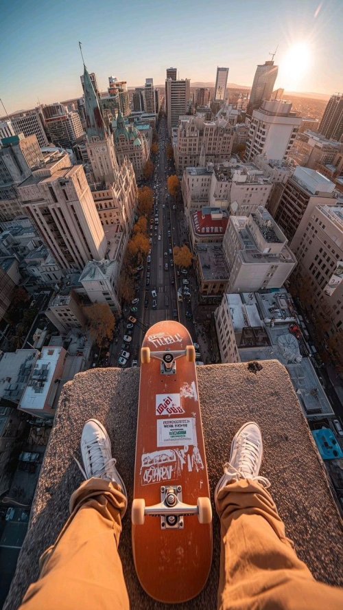Skateboarder Overlooking City Skyline - skateboard Wallpaper