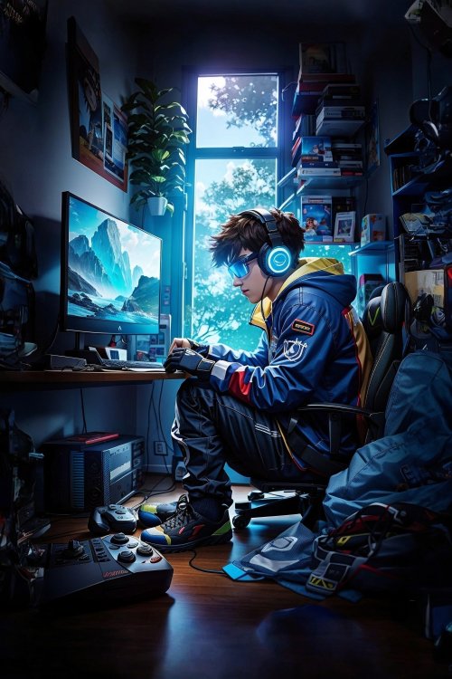 Gamer in Blue Room - gaming Wallpaper