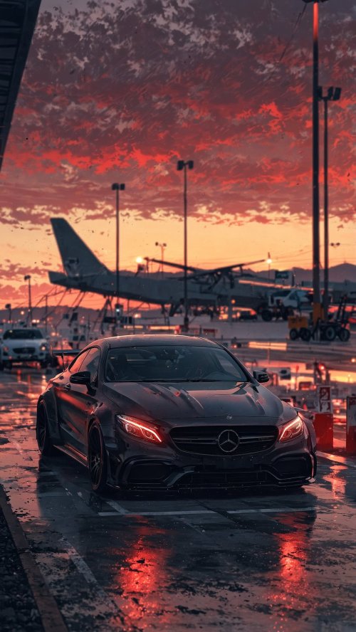 Black Mercedes Sunset Airport