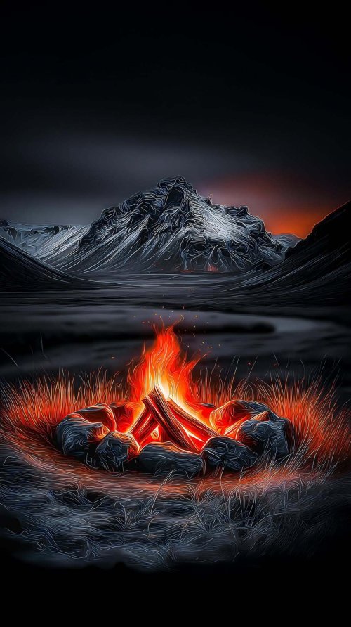 Campfire Mountain Landscape - vintage Wallpaper