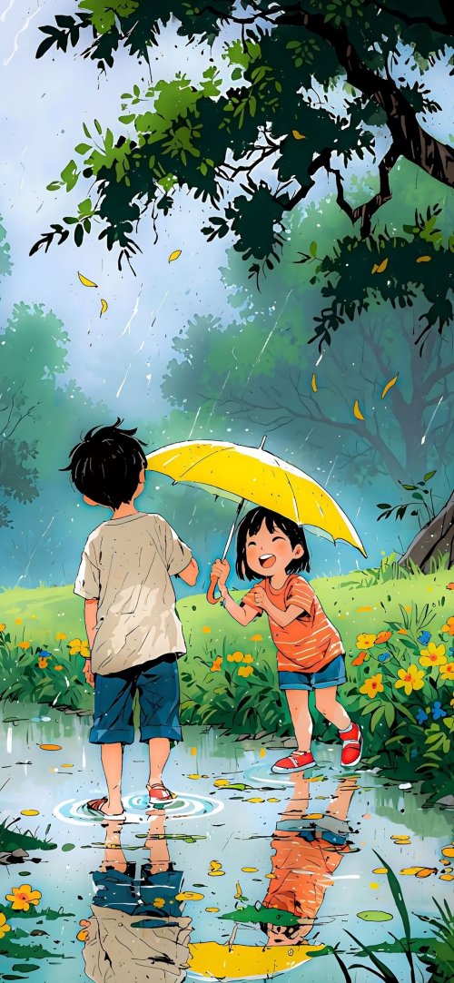 Children Under Yellow Umbrella
