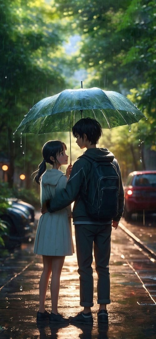 Couple Under Rainy Umbrella