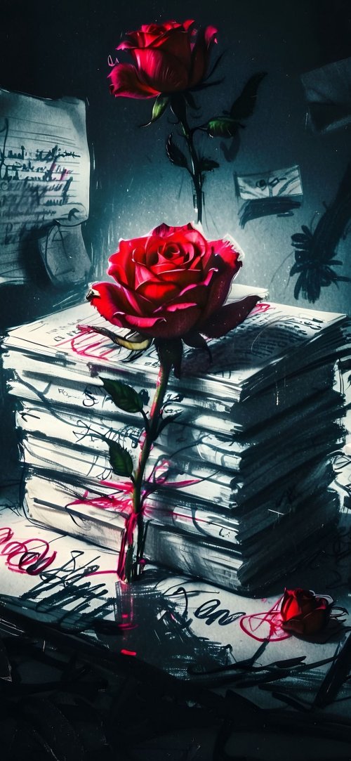 Crimson Rose on Paperwork - floral Wallpaper