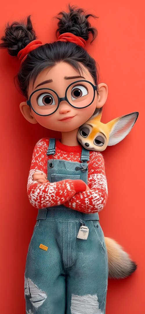 Cute Girl and Fox - cartoon Wallpaper