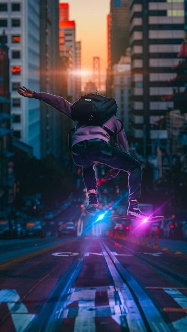 Cyberpunk Skateboarder Cityscape Jump - Related OpersCraft wallpaper