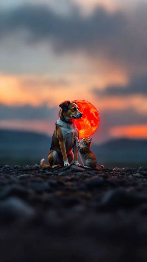 Dog and Cat Sunset - animals Wallpaper