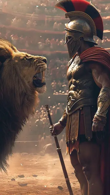 Gladiator and Lion Staredown