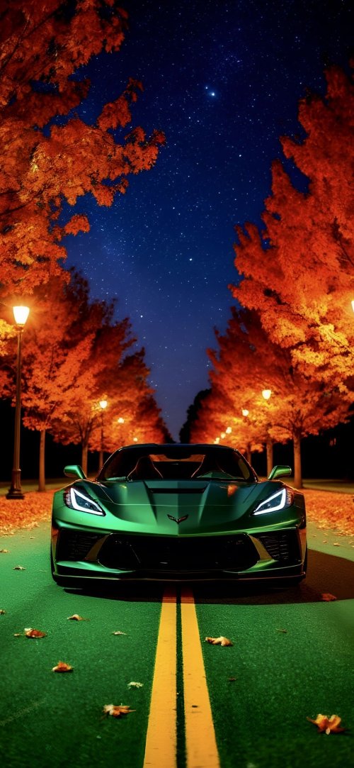 Green Corvette Autumn Night