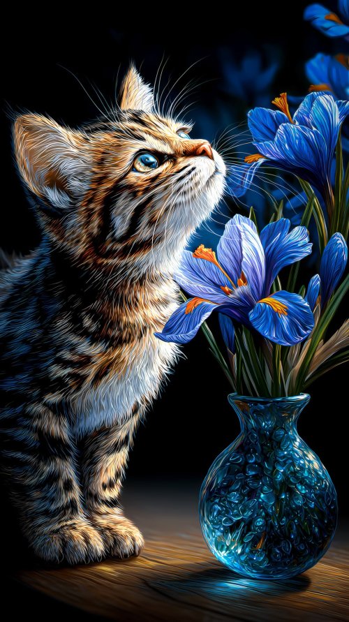 Kitten and Blue Flowers - animals Wallpaper