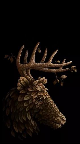 Leafy Stag on Black - animals Wallpaper