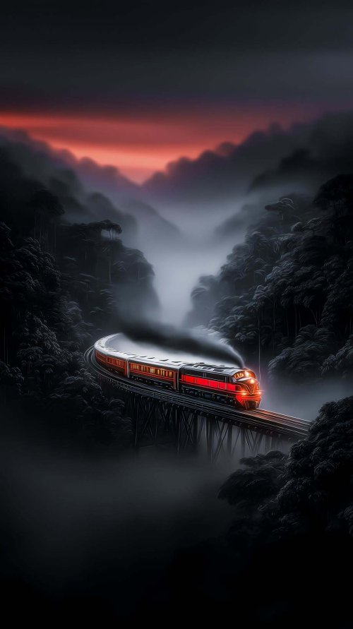 Misty Mountain Train - vintage Wallpaper