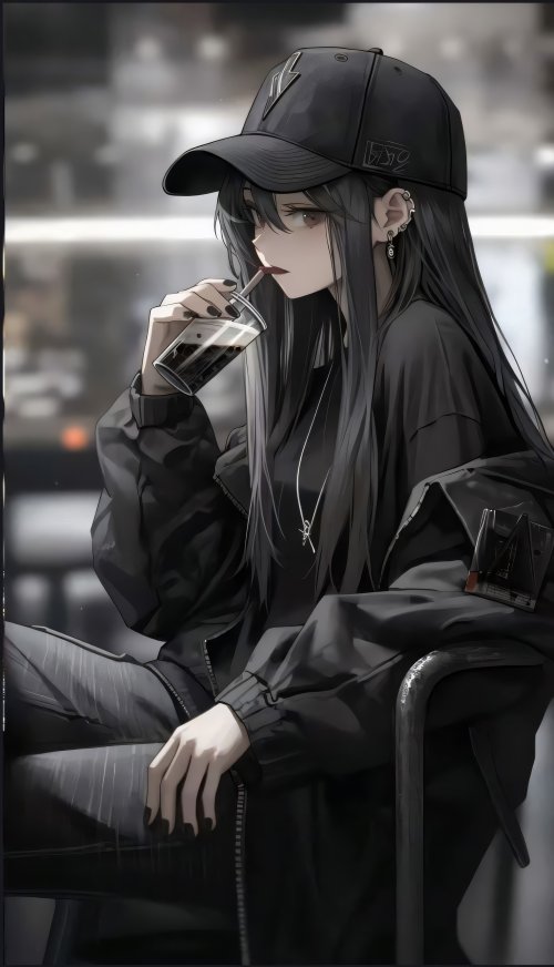 Monochrome Anime Girl Sipping