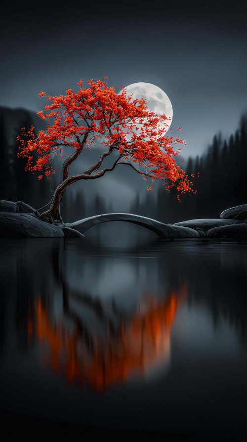 Moonlit Autumn Bridge - vintage Wallpaper