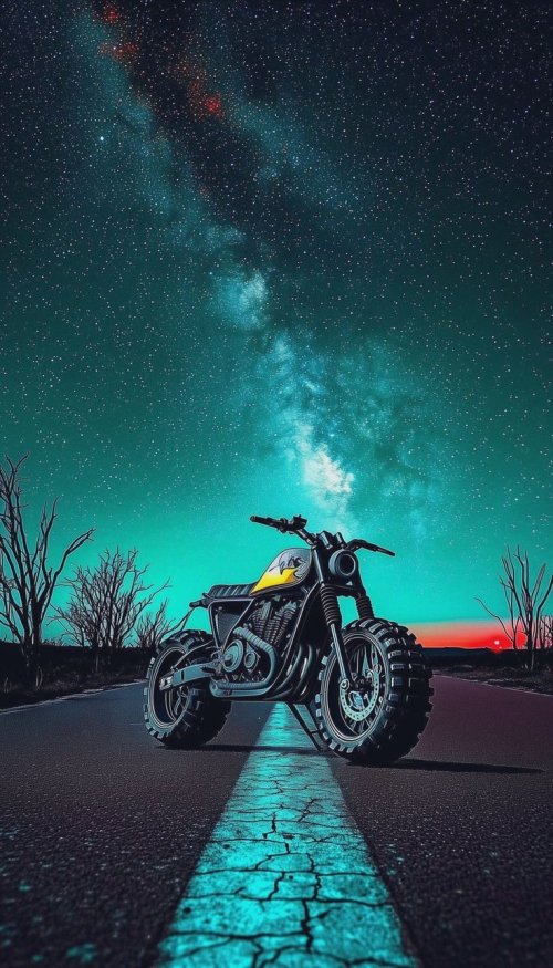 Motorcycle Under Starry Sky