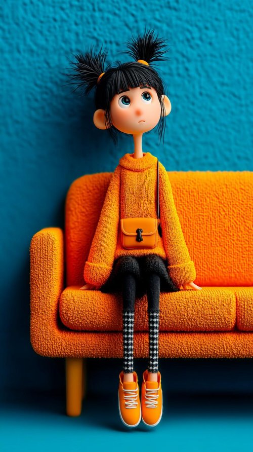 Pensive Doll on Orange Couch - art Wallpaper