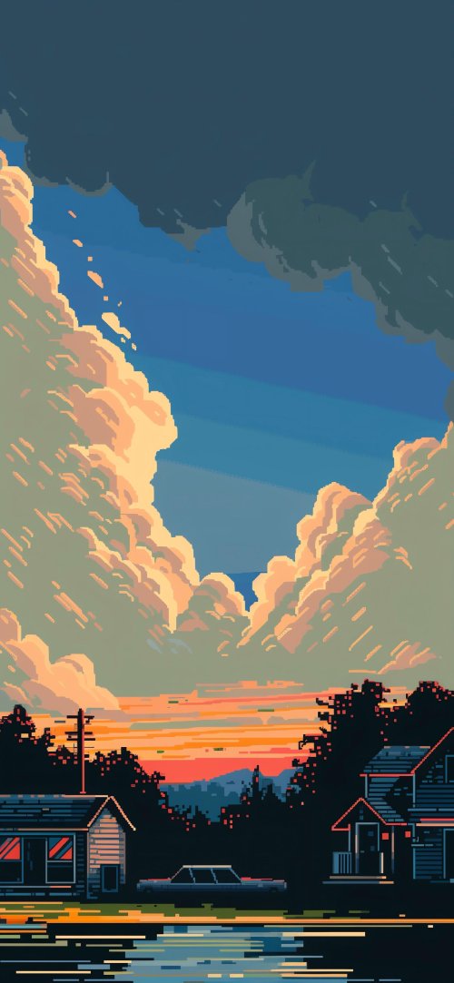 Pixelated Sunset Town - random Wallpaper