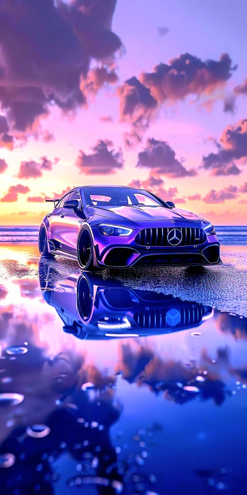 Purple Mercedes Beach Sunset