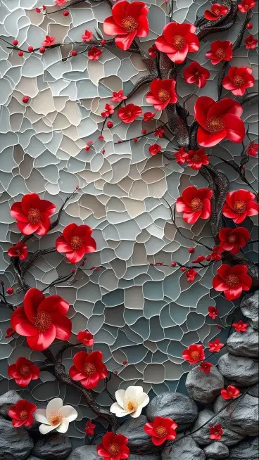 Red Blossom Stone Wall - floral Wallpaper