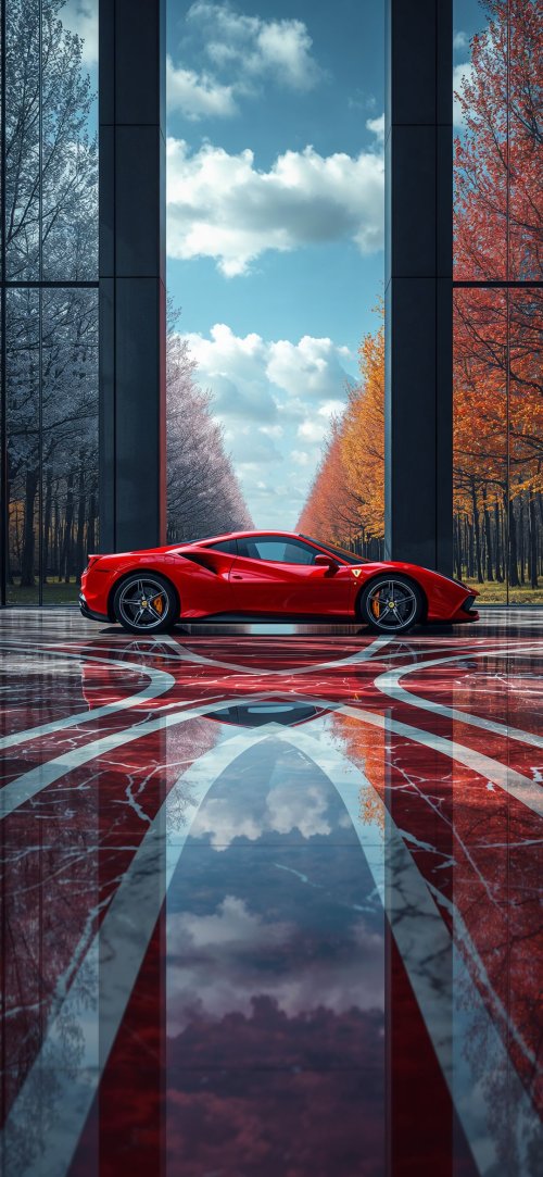 Red Ferrari Autumn Scene