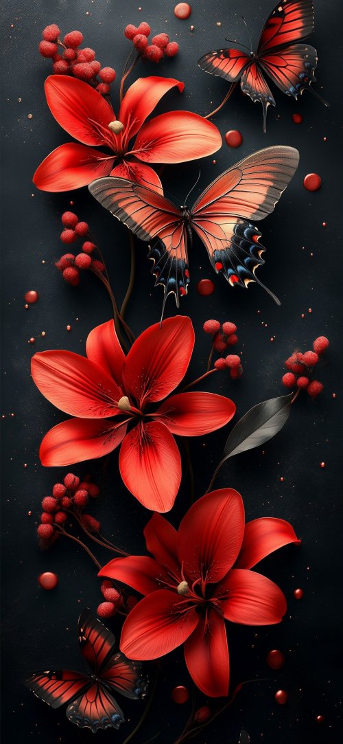 Red Floral Butterfly Elegance - floral Wallpaper