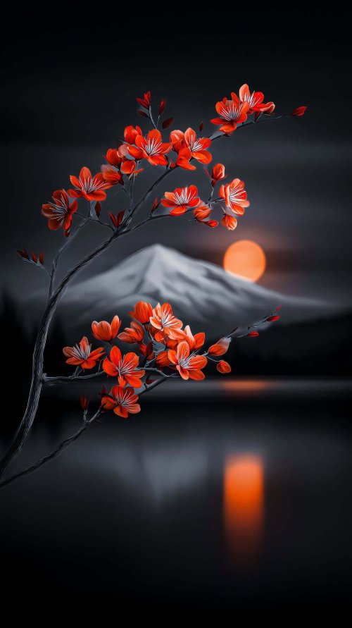 Red Flowers Mount Fuji - vintage Wallpaper