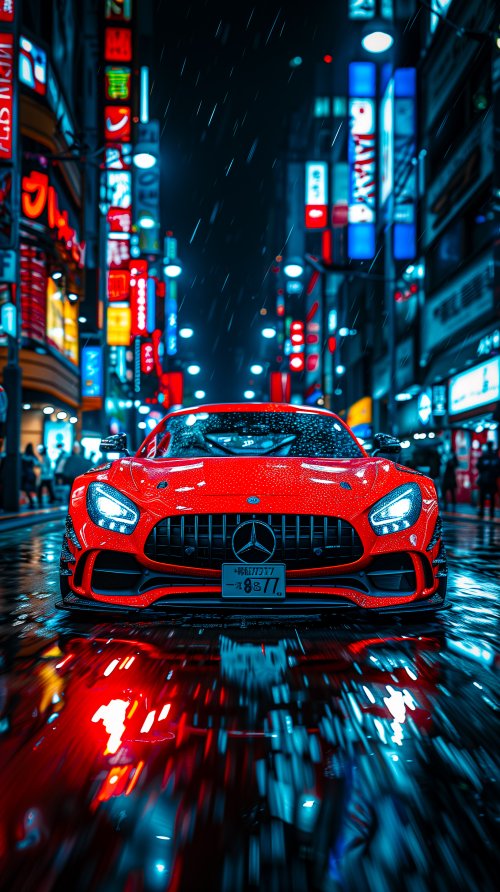 Red Mercedes Rainy Night