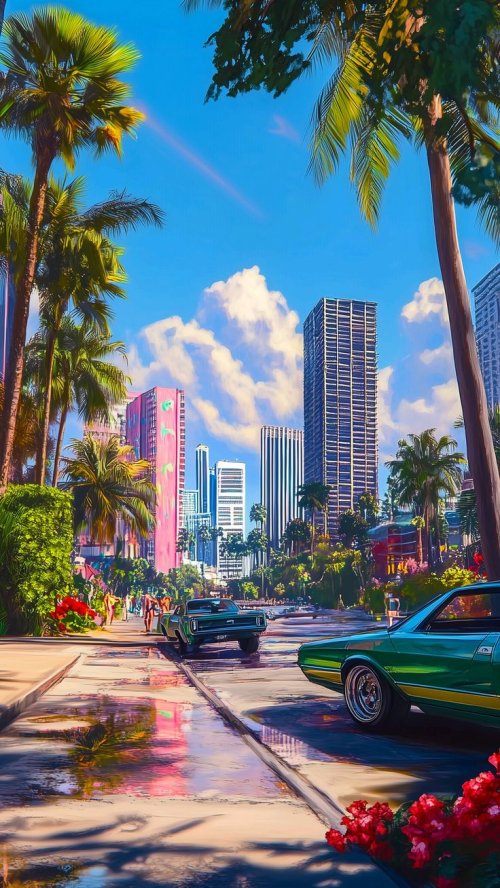 Retro City Palm Trees - city Wallpaper